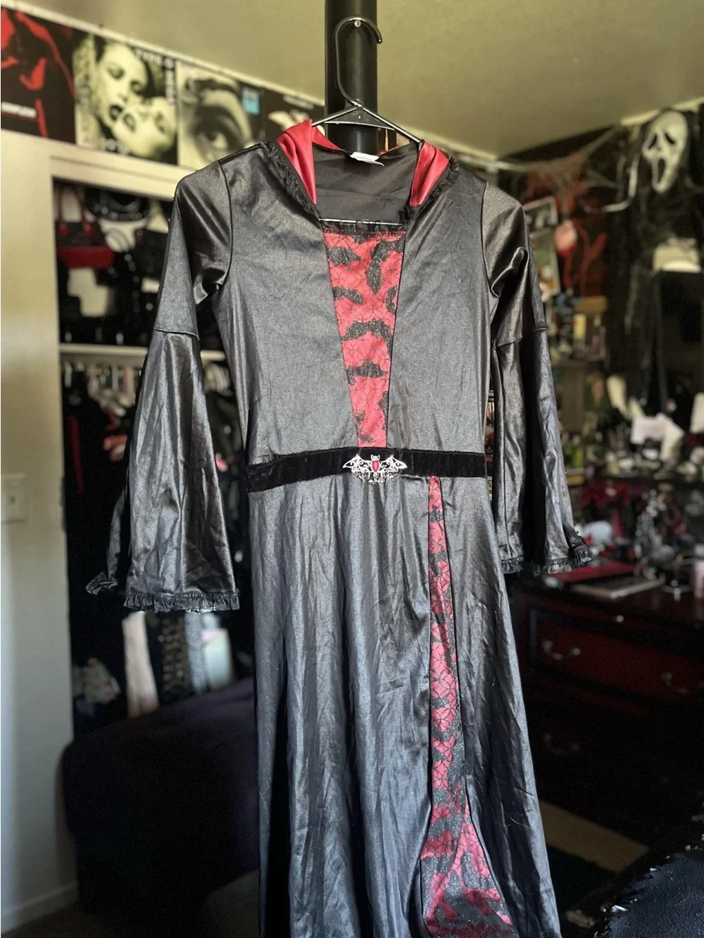 Spirit Halloween Black Dress with Red Lining and Brocade Front - Picture 2 of 6